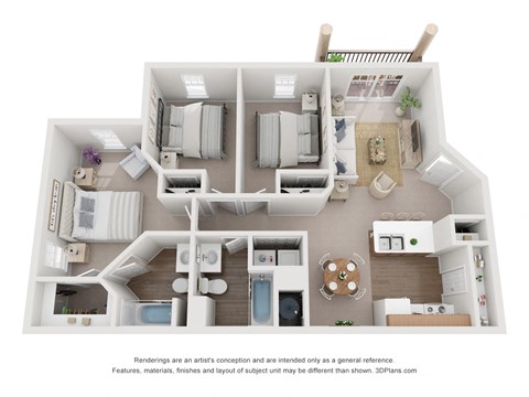 Floor plan for 3 beds, 2 baths, 1135 sqft